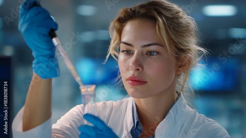 Female scientist woman chemist researcher laboratory pipetting liquid into vial and test tube with glove protected hand focused determined clinical