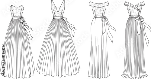 Four black and white line art sketches of elegant floor length dresses fashion illustration