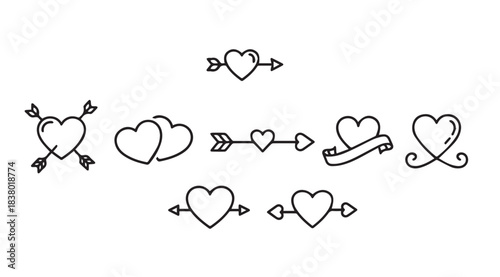Collection of hand drawn heart symbols with arrows and ribbons silhouette
