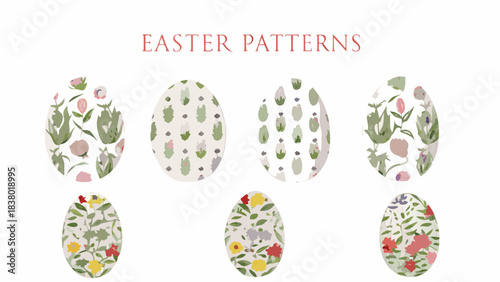 Colorful set of easter eggs with floral spring decoration vector pattern illustration for a happy holiday card design