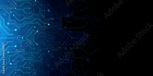 Abstract blue circuit board pattern with a dark empty background space
