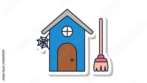 Blue Shed With Spiderweb And Broomstick Outdoor Scene Isolated On Black Background Simple Flat Icon Design