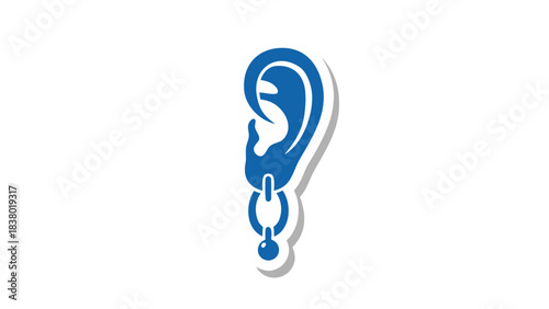Blue silhouette of a pierced human ear with a dangling earring against a stark black background symbolizing hearing and adornment