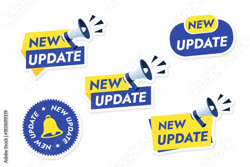 Set of yellow and blue modern new update stickers for your sales promotion advertising design