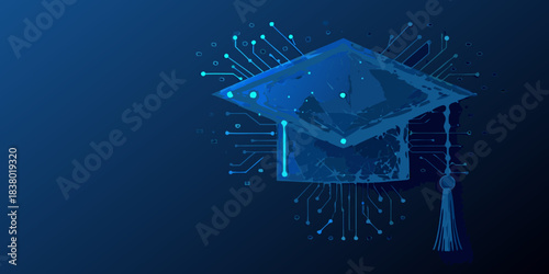 A digital graduation cap with glowing circuits and a dark blue background