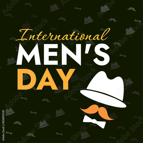Festive banner for men's day with illustration of hat mustache and butterfly on light pattern
