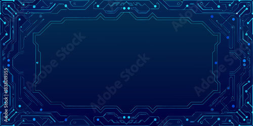 A futuristic blue circuit board frame with a dark central space