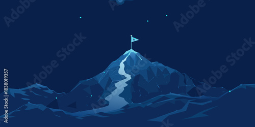 A lone white flag atop a winding mountain path under a starry night