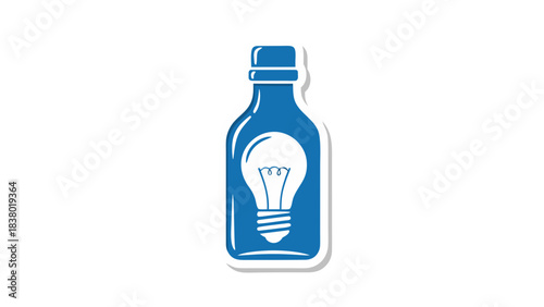 Blue Bottle Silhouette Containing a White Light Bulb Symbol on a Black Background Representing Innovation and Ideas