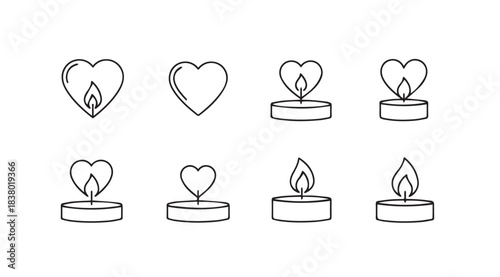 Collection of eight hand drawn heart shaped candle silhouettes with flames silhouette