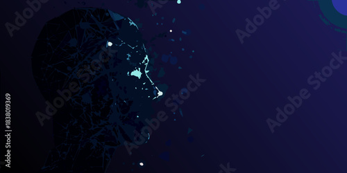 A digital human head dissolving into particles of light and shadow