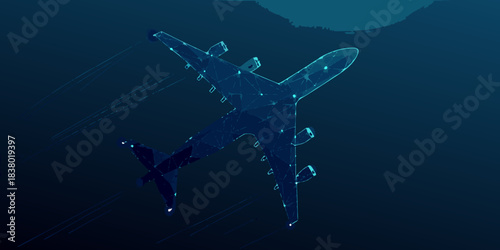 Geometric airplane viewed from above a futuristic digital illustration in blue tones