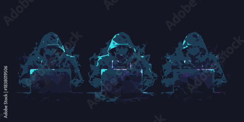 Three hooded figures working on laptops in a dark digital setting