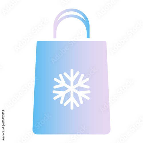 Color gradient Christmas gift bag icon with handle and snowflake symbol. Modern festive packaging sign for Xmas presents, web, apps, stickers and winter sale designs