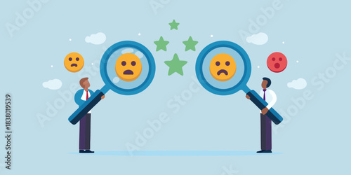 Analyzing customer feedback two people examining review ratings with magnifying glasses