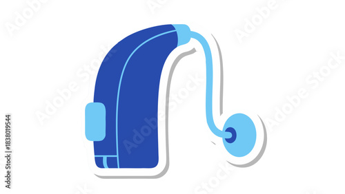 Blue Hearing Aid Device with Light Blue Tube and Earpiece Isolated on Black Background Digital Illustration