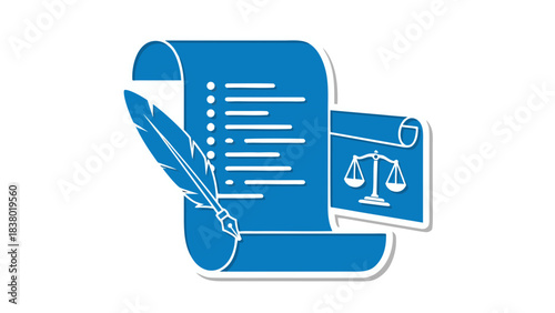 Blue Icon of a Scroll With a Feather Quill and a Scale of Justice Symbol on a Black Background Representing Law and Justice