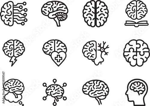 Minimal brain line icons, editable vector symbols for science, healthcare, education, AI and research projects.