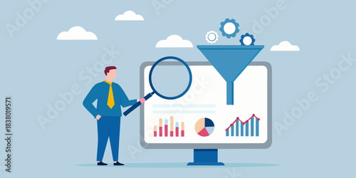 Analyzing data and optimizing processes with a funnel and magnifying glass