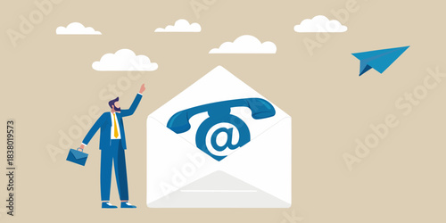 Business communication concept with a man reaching for an envelope and paper airplane