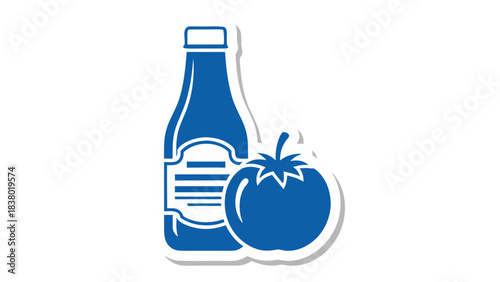 Blue icon of ketchup bottle and tomato on black background with white outline and shadow detail