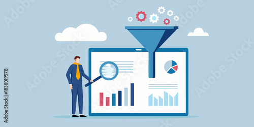 Business analysis and data processing concept with a funnel and analyst