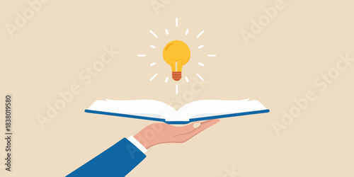 An open book with a glowing light bulb representing knowledge and ideas