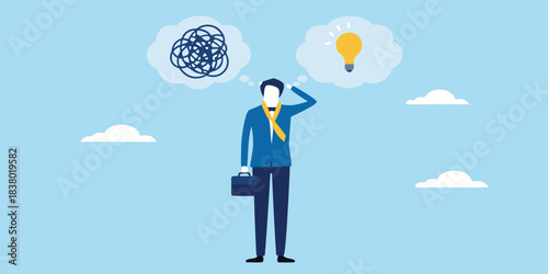 Man contemplating complex thoughts transitioning into a bright idea