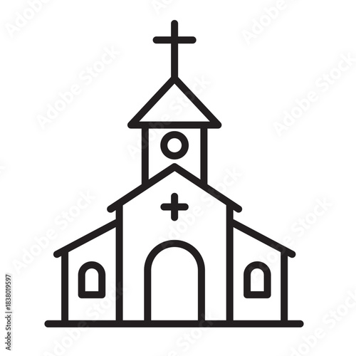 Christmas church line icon with cross and steeple, editable stroke. Minimal festive religion symbol for winter holiday cards, web, apps, infographics and branding.