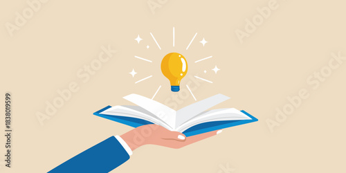 An open book with a glowing lightbulb emerging representing knowledge and ideas