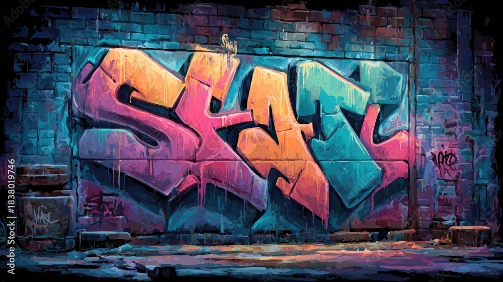 Fototapeta premium Neon graffiti art for urban projects combining glowing spray paint effects, vibrant colors, futuristic style perfect for digital murals, NFT collections, and street art.