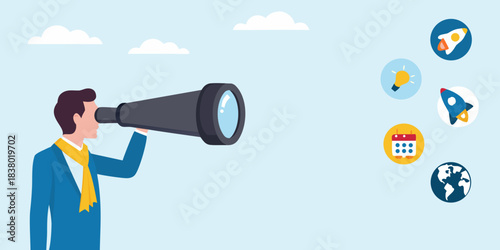 A man looking through a telescope observing ideas and global connections