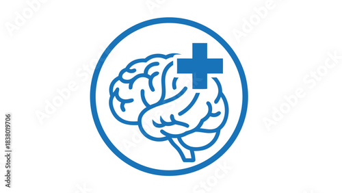 Blue Outline Of A Human Brain With A Blue Plus Sign In A Circle On A Black Background Representing Health And Medical Science