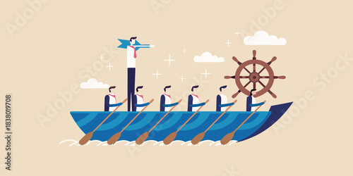 A charming illustration of a blue ship sailing through calm waters with oars