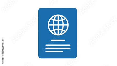 Blue passport cover icon with white globe symbol representing international travel and identification documentation on a black background
