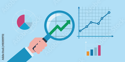 Analyzing data trends with a magnifying glass and various chart representations