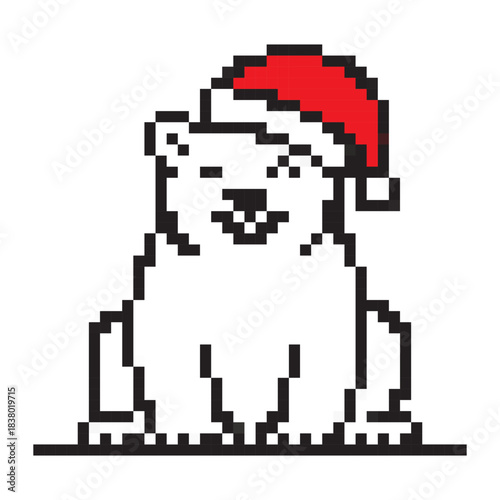 Polar bear in Santa hat pixel art icon. Minimal cute Christmas character for winter holiday cards, web, and festive branding. 8 bit vector illustration