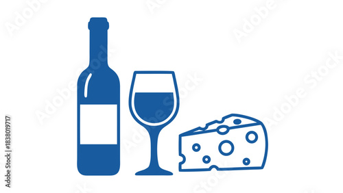 Blue Outline of Wine Bottle Filled Glass and Swiss Cheese Wedge on Black Background Representing Gastronomy and Refreshment