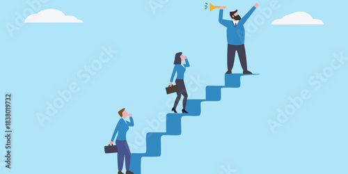 People climbing steps with one person celebrating success with a megaphone