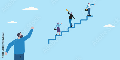 People climbing a winding staircase towards success reaching for a celebratory trumpet