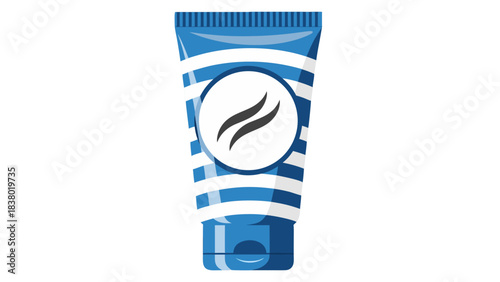Blue Plastic Tube with White Stripes and a Circular Emblem Featuring Two Curved Lines Represents Skincare Product Packaging on a Black Background