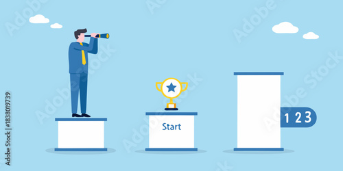 A businessman looks through binoculars toward a trophy on a distant platform