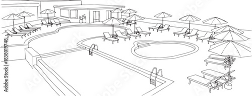 Outline sketch of a resort swimming pool area with lounge chairs and umbrellas vector