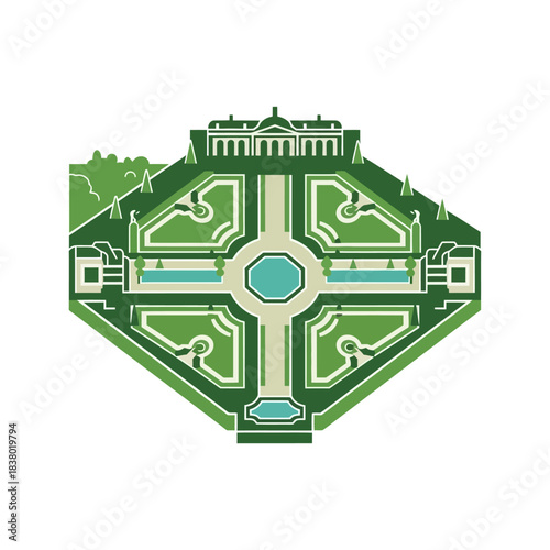 Top-down view of a formal garden with a grand building and intricate pathways.
