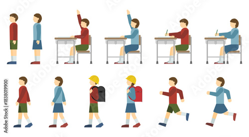 フラットイラスト：私服の小学生セット(サイド)
