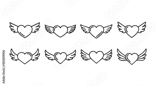 Collection of eight hand drawn winged heart silhouettes in a simple outline style