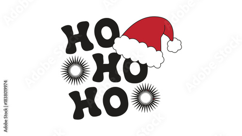 Ho Ho Ho typography design wearing a Santa hat illustration.