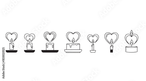 Collection of seven heart shaped candle flames in silhouette style