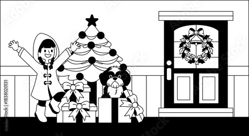 black and white illustration of A girl is standing in front of a Christmas tree with a dog
