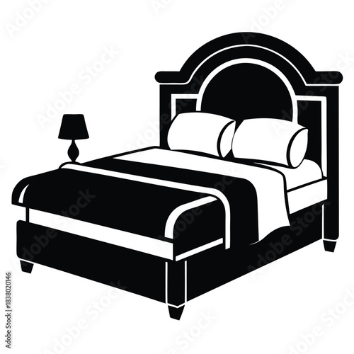 bed in a hotel black and white silhouette on white background